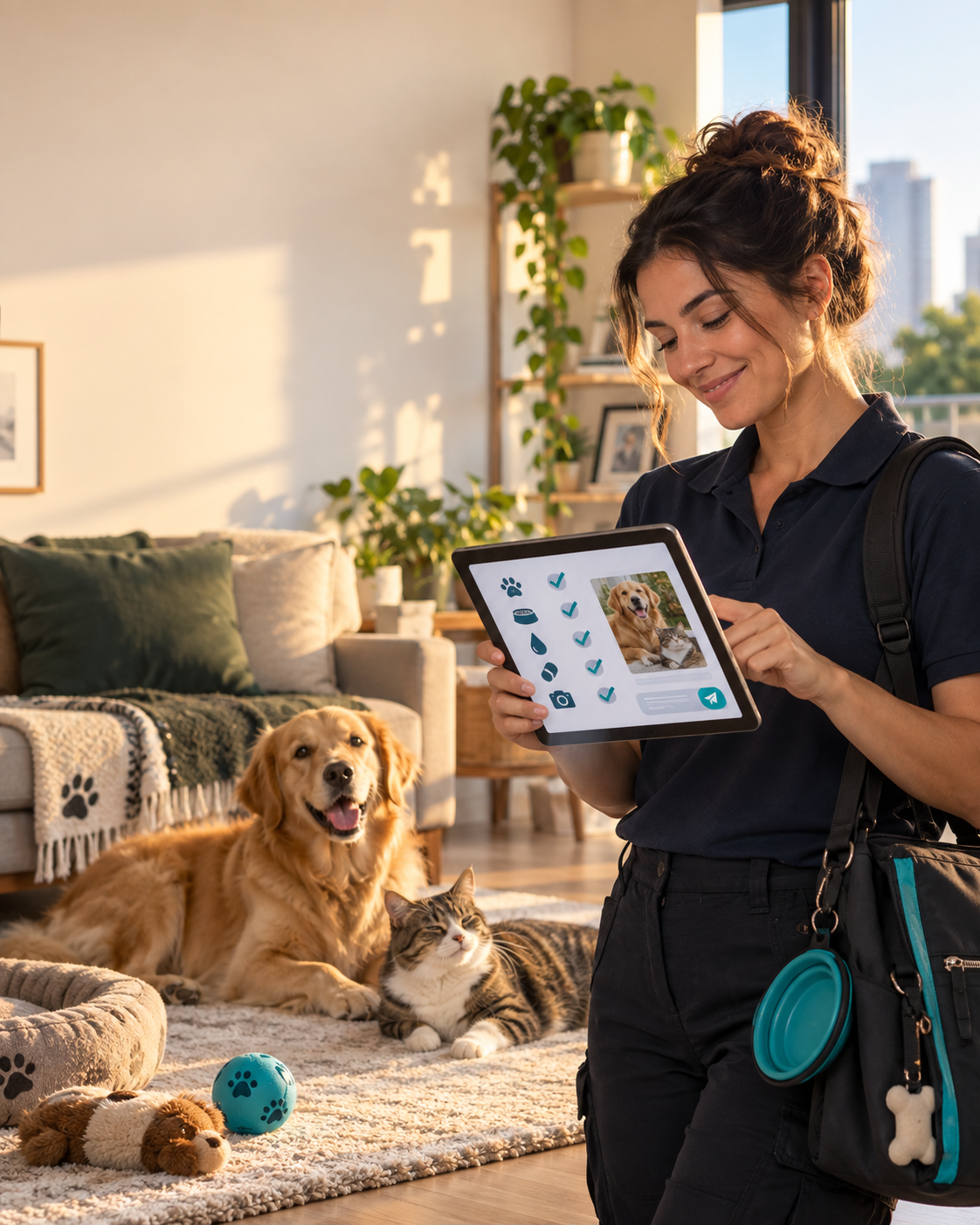 Pet sitter usando um checklist durante o atendimento